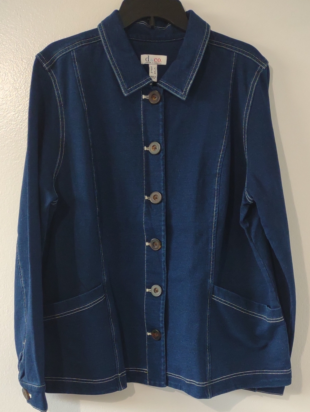 D&Co Denim + Company Stretch Denim Jacket Shacket Blue Button Front Size Large